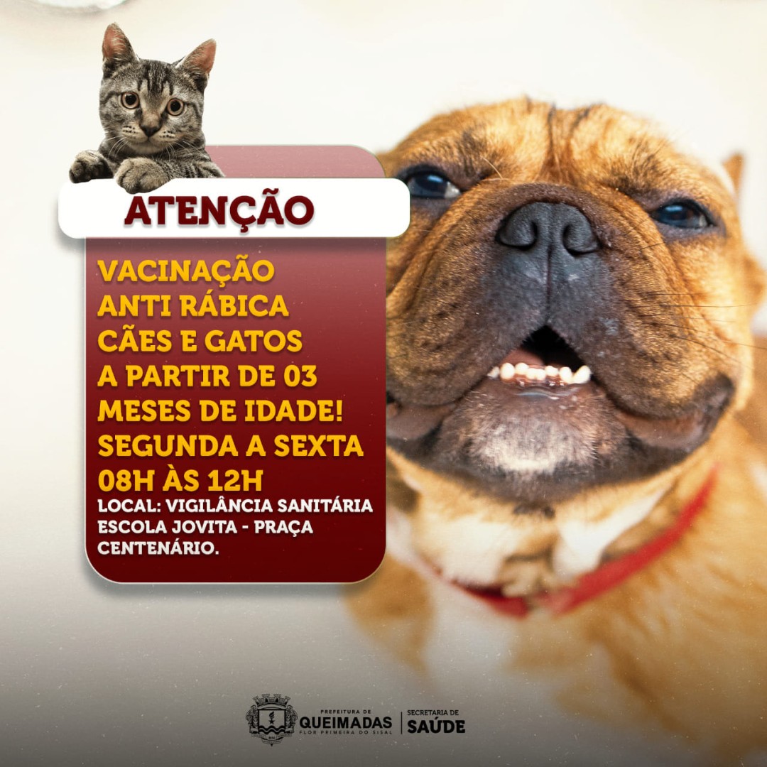 Vacinação Anti Rábica Cães e Gatos a Partir de 03 Meses de Idade! Segunda a Sexta-Feira de 08H as 12H.