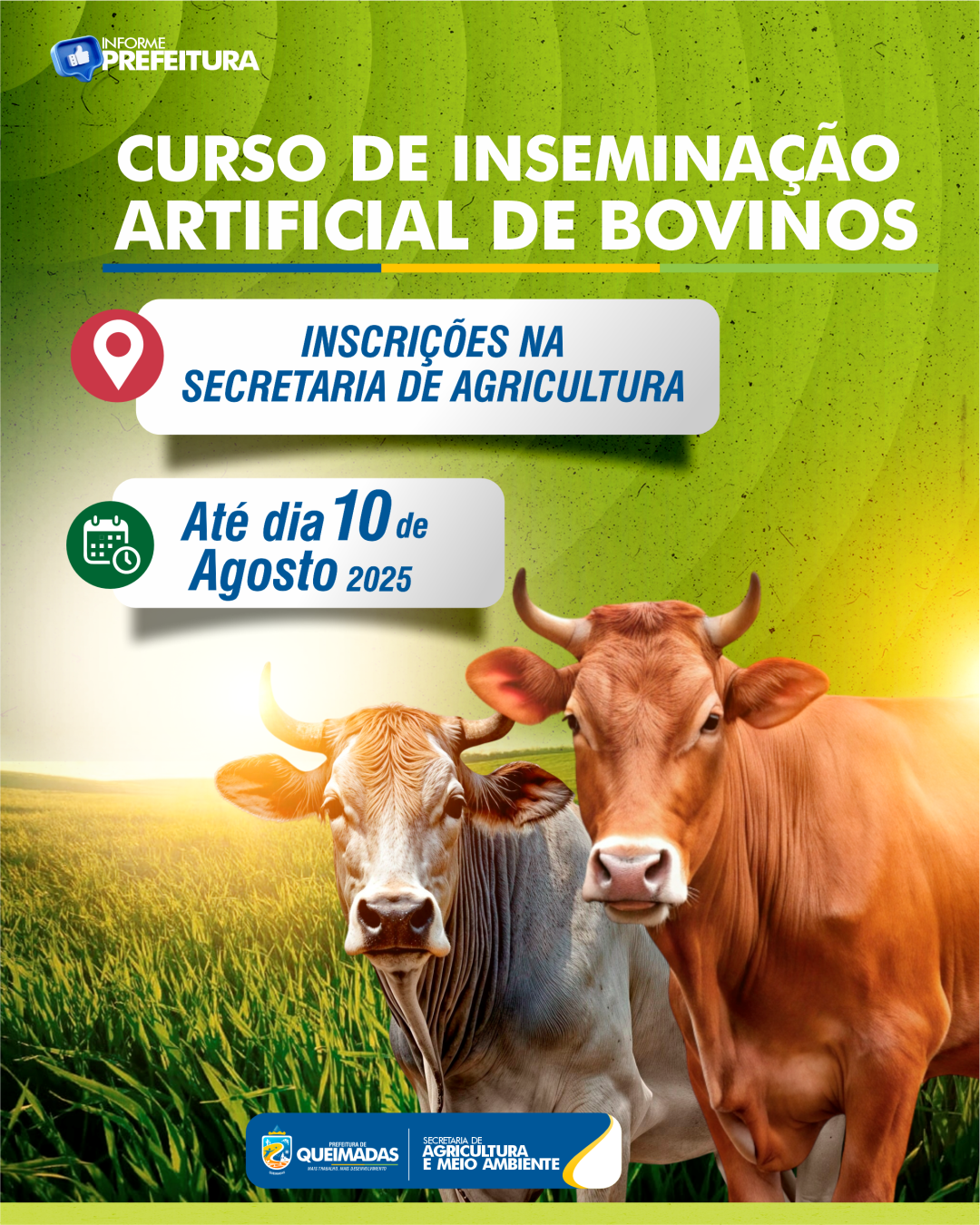INFORME SEAGRI: INSCRIÇÕES ABERTAS PARA O CURSO GRATUITO DE INSEMINAÇÃO ARTIFICIAL DE BOVINOS EM QUEIMADAS-BA