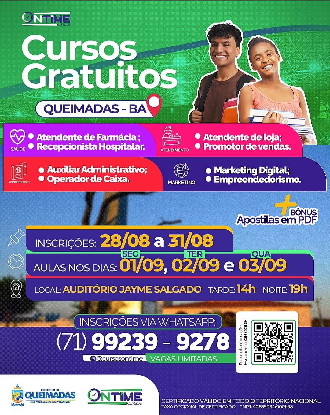 Oportunidade de qualificação - Estão abertas novas vagas para Cursos Profissionalizantes Gratuitos em Queimadas - uma parceria PMQ/OnTime