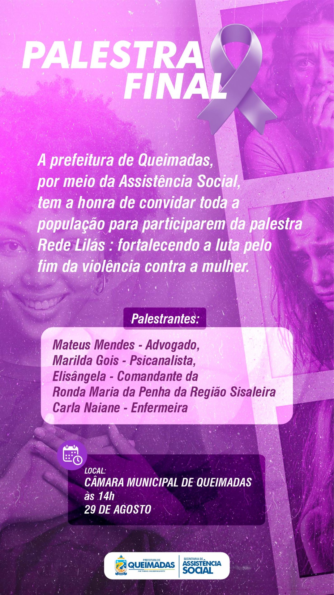 Palestra REDE LILÁS - "Fortalecendo a luta pelo fim da violência contra a mulher", encerrará calendário de ações do Agosto Lilás