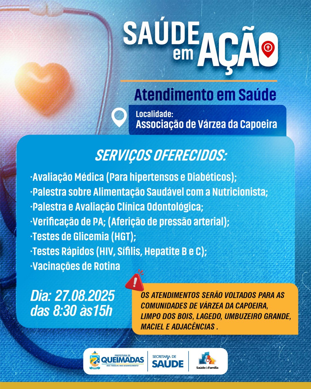 PROJETO SAÚDE EM AÇÃO – Várzea da Capoeira receberá diversos atendimentos em Saúde