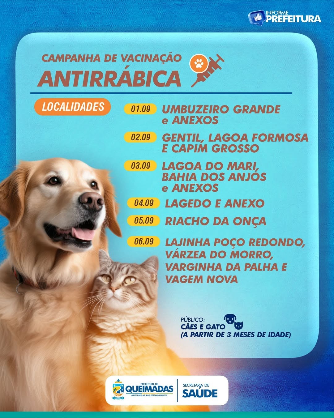 CAMPANHA DE VACINAÇÃO ANTIRRÁBICA: CONFIRA O CRONOGRAMA DE VACINAÇÃO ITINERANTE DE 01 A 06 DE SETEMBRO EM QUEIMADAS