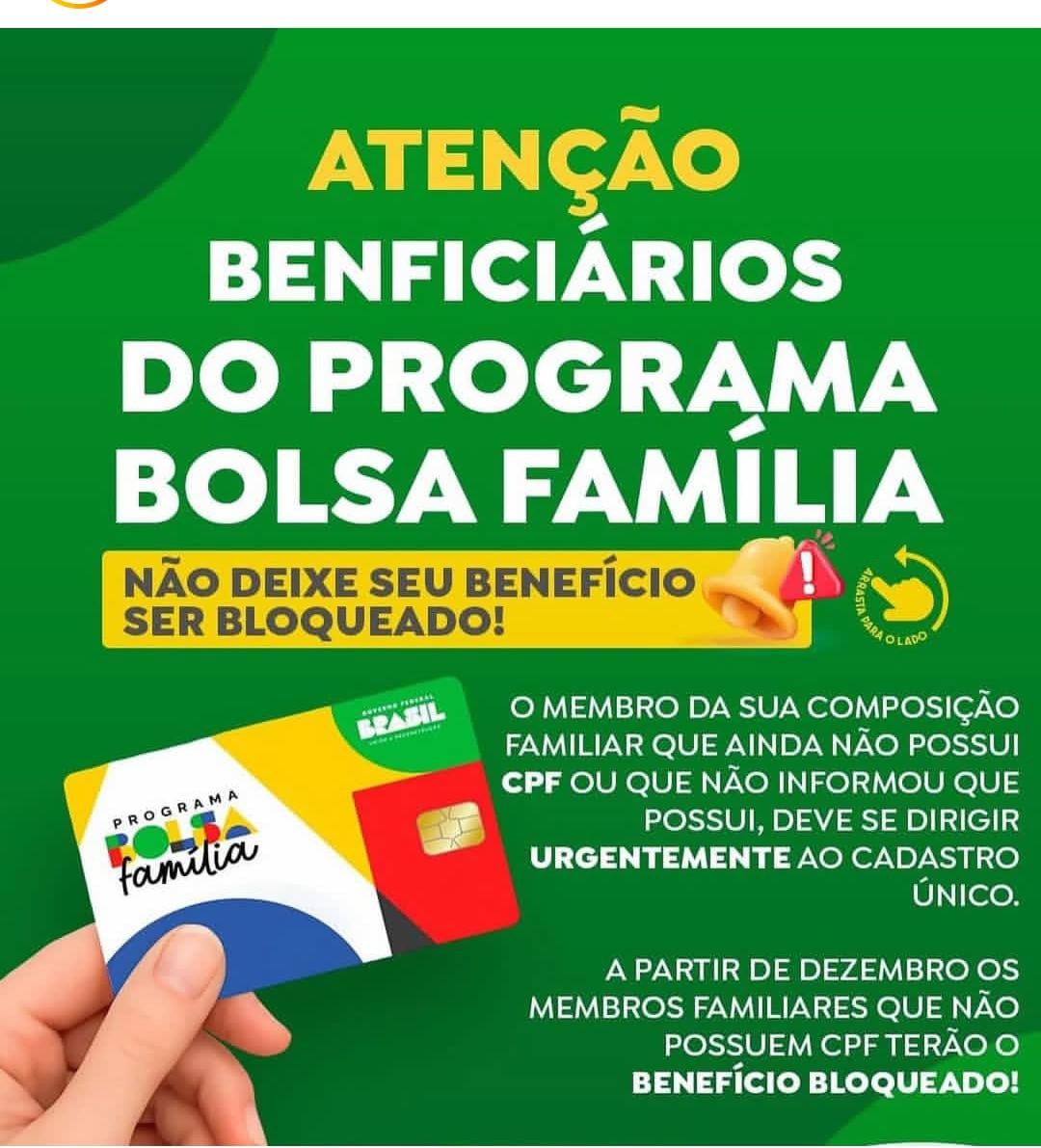 INFORMATIVO SMAS: ATENÇÃO BENEFICIÁRIOS DO PROGRAMA BOLSA FAMÍLIA - regularização cadastral