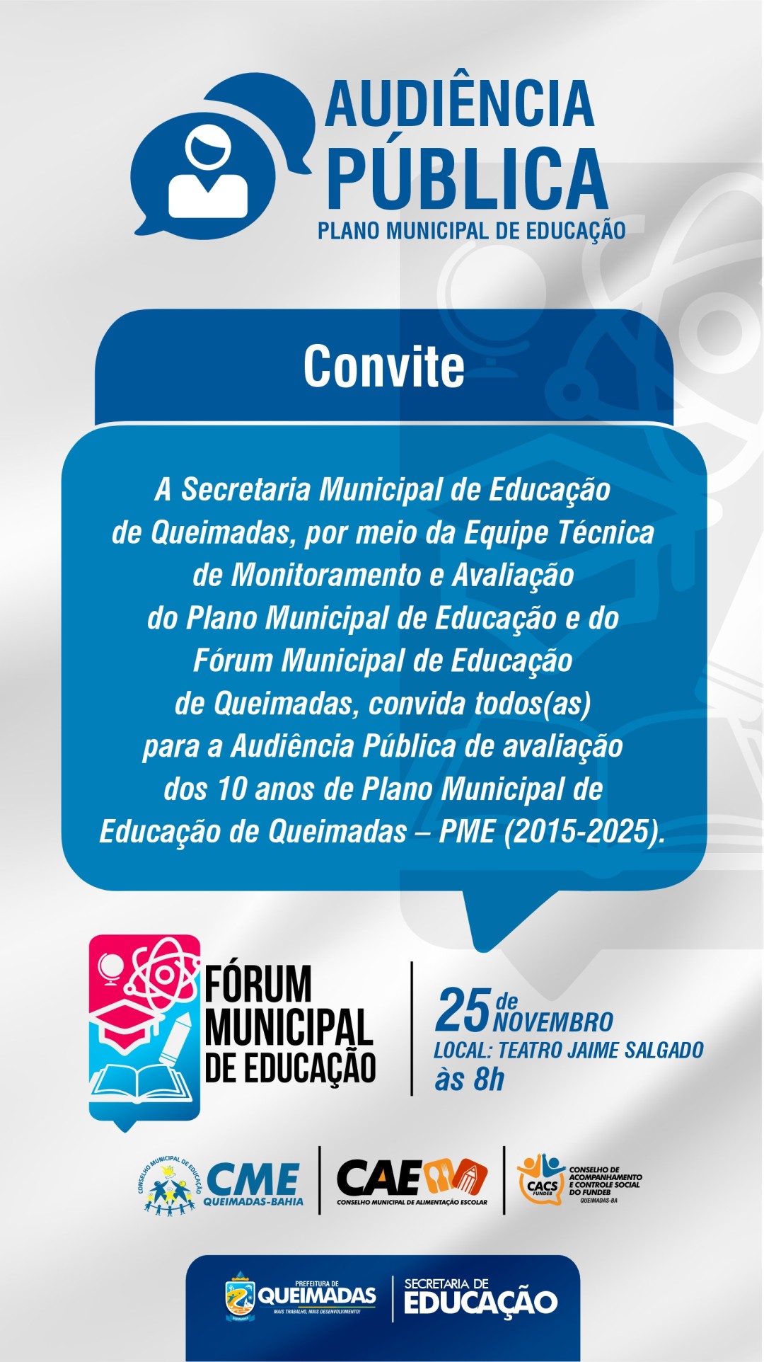 Audiência Pública de Avaliação dos 10 anos do Plano Municipal de Educação de Queimadas será realizada no próximo dia 25/11