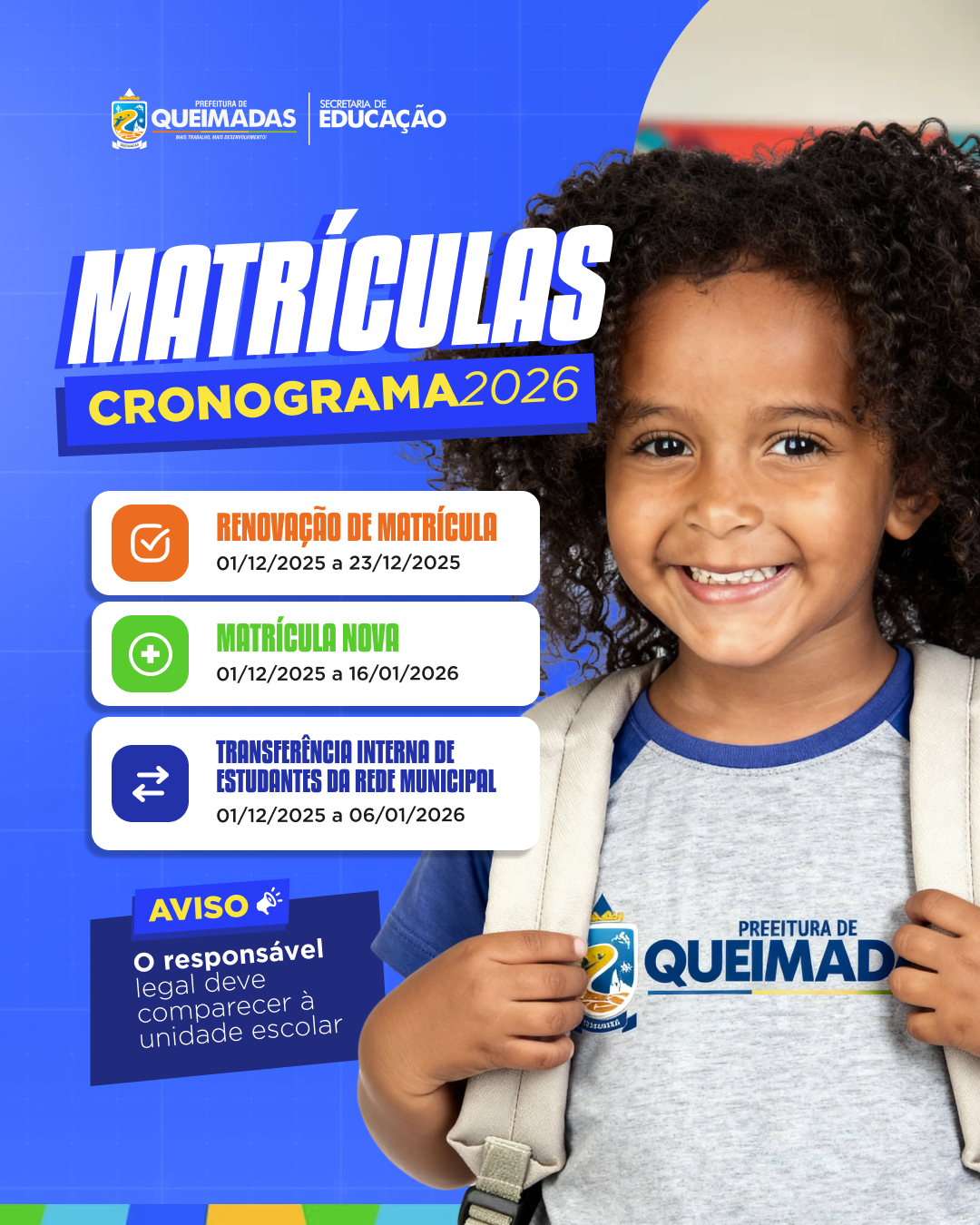 Ano letivo 2026: As Matrículas da Rede Municipal de Ensino de Queimadas já estão abertas - Fique atento às datas!