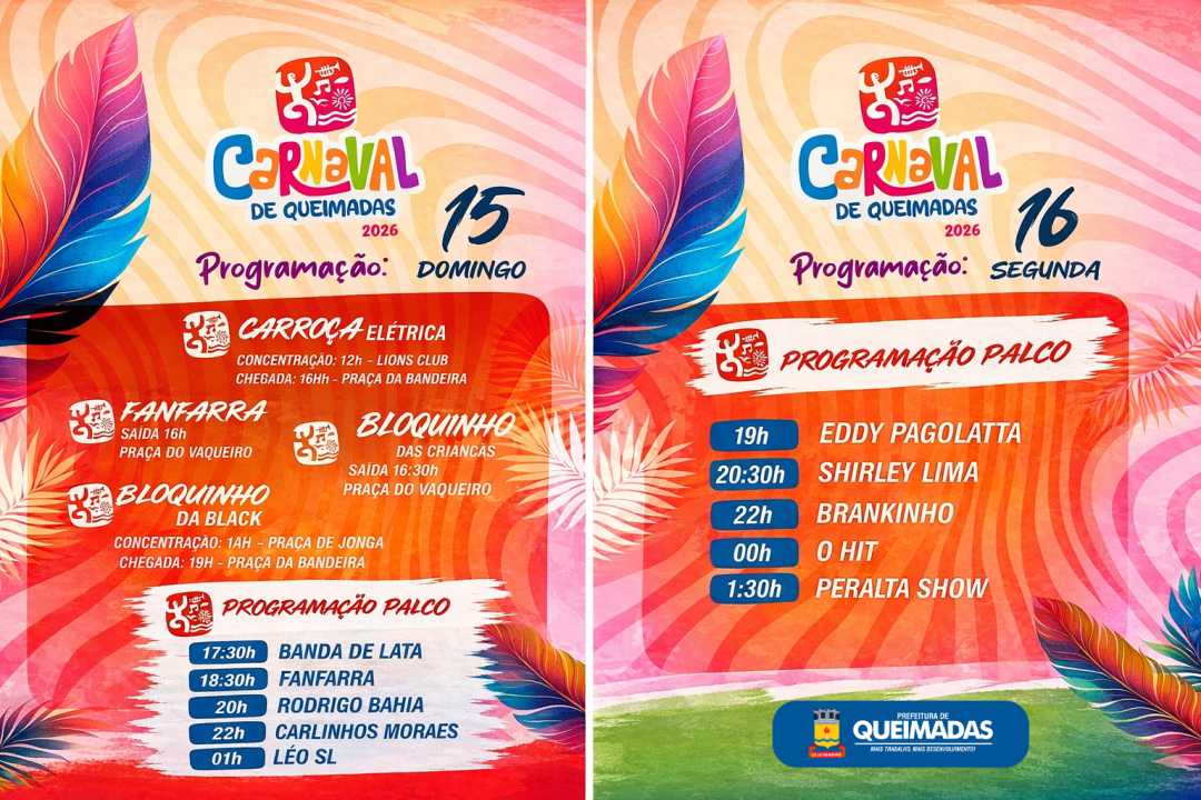 CARNAVAL DE QUEIMADAS 2026: confira os horários da programação completa dos blocos e atrações de palco