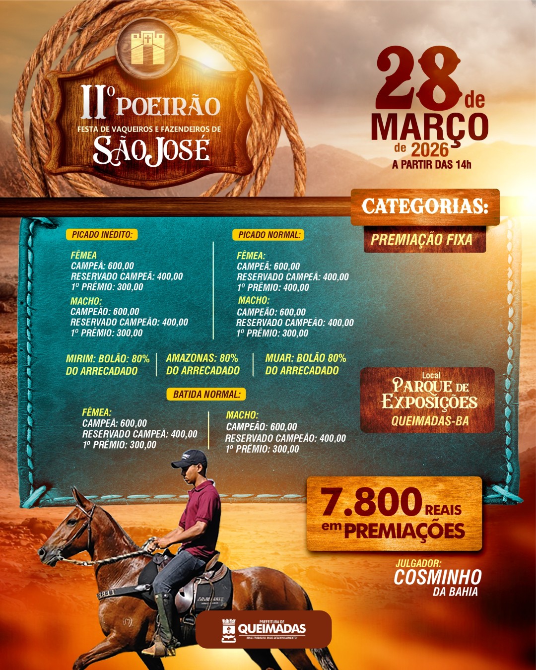 Prefeitura de Queimadas divulga Premiações do desfile da Tradicional Festa de Vaqueiros e Fazendeiros de São José e prêmios das competições do 2° POEIRÃO da festa